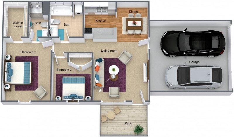 Floor plan for 2 beds, 2 baths, 936 sqft